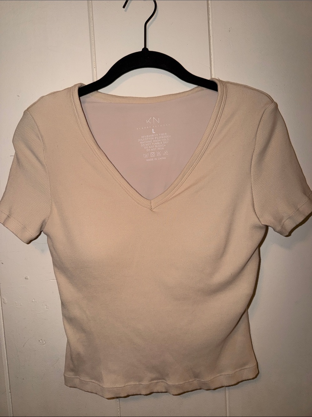 Klassy Network Beige Ribbed V-Neck Short Sleeve Top